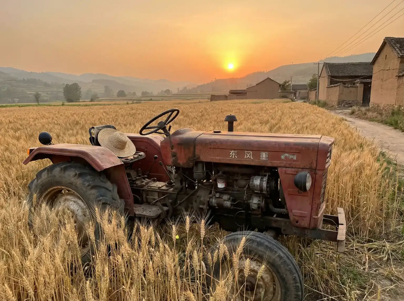 夕阳下的老式拖拉机停在麦田边 - 2021能打开的网站免费 田间记忆